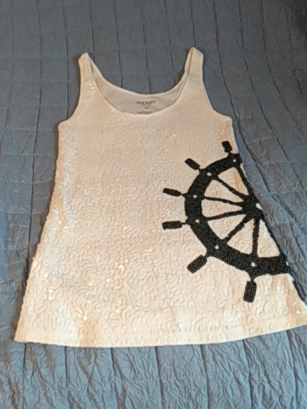Old Navy White Sequin Tank Top with Black Ship Wheel Accent, Size Large